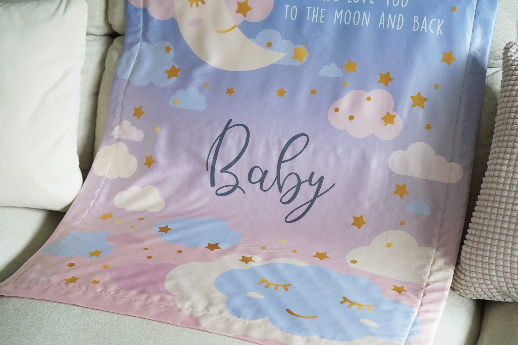 ผ้าห่ม ผ้าไหมเสปน ด้านหลังผ้า minky ขนาด 75x100cm - ลาย Moon - Blue Pink