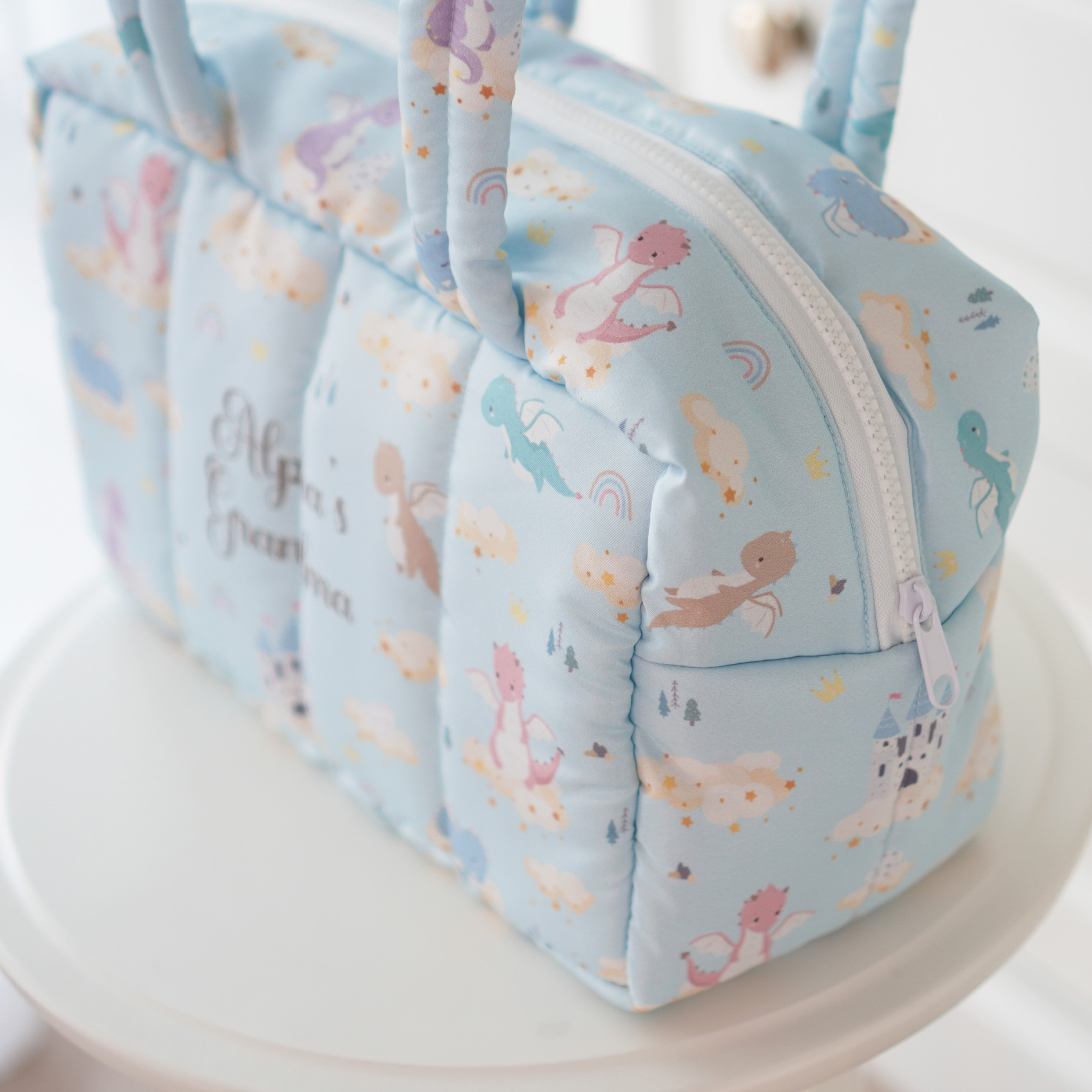 Fluffy Bowling Bag กระเป๋านุ่มนิ่ม ทรง Bowling สั่งทำใส่ข้อความ ลาย Dragon - Blue