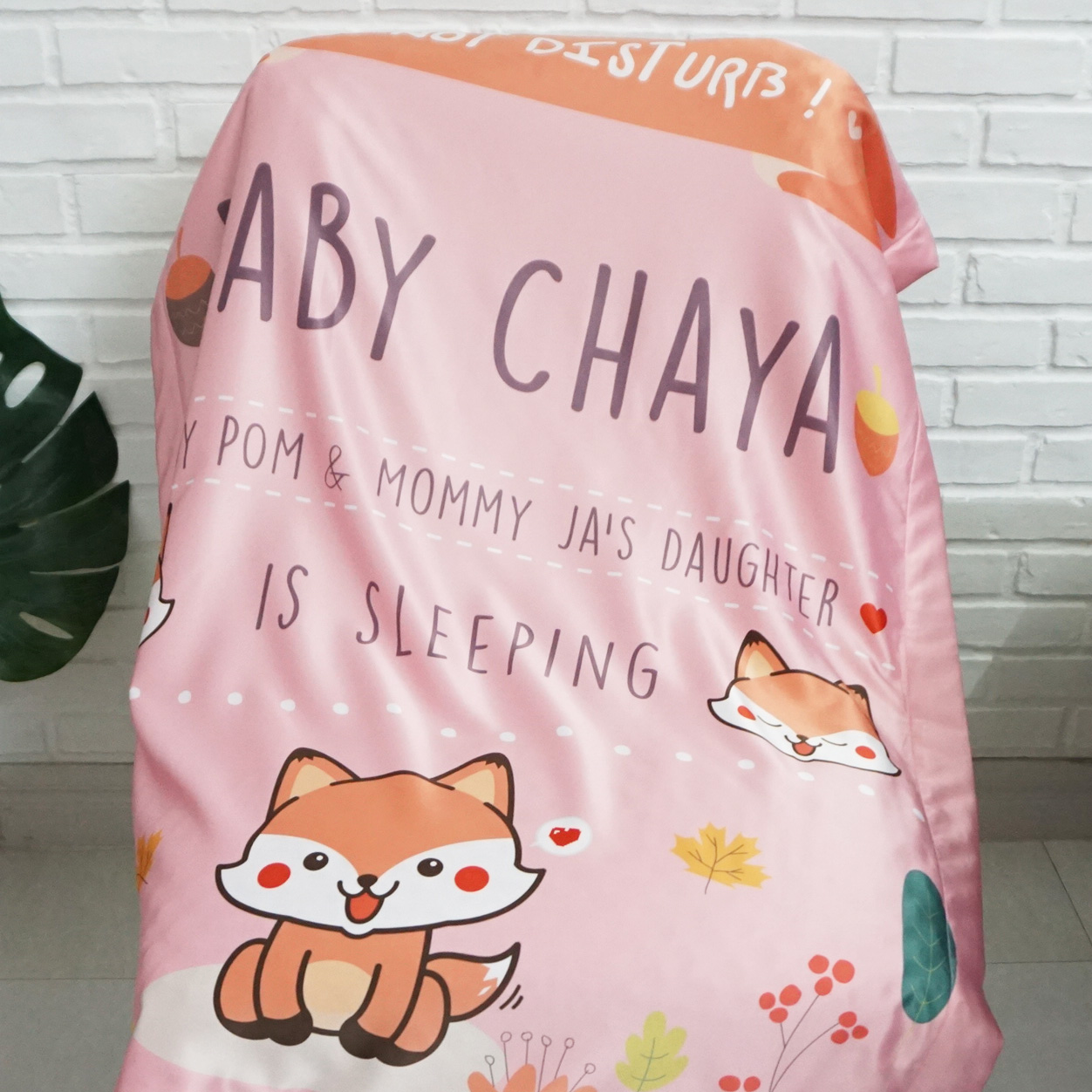 ผ้าห่มเด็ก สั่งทำใส่ชื่อ ลาย Fox - Pink