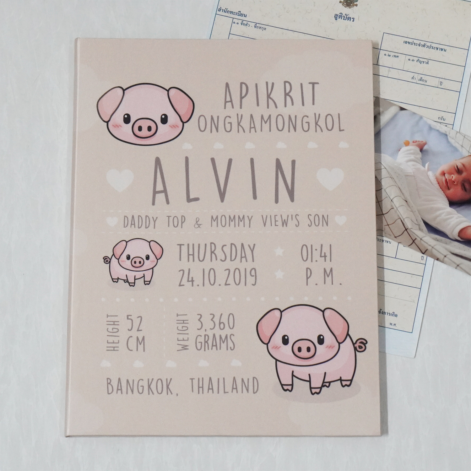 แฟ้มทะเบียนสมรส/สูติบัตร สั่งทำใส่ข้อความ ลาย Pig - Cream