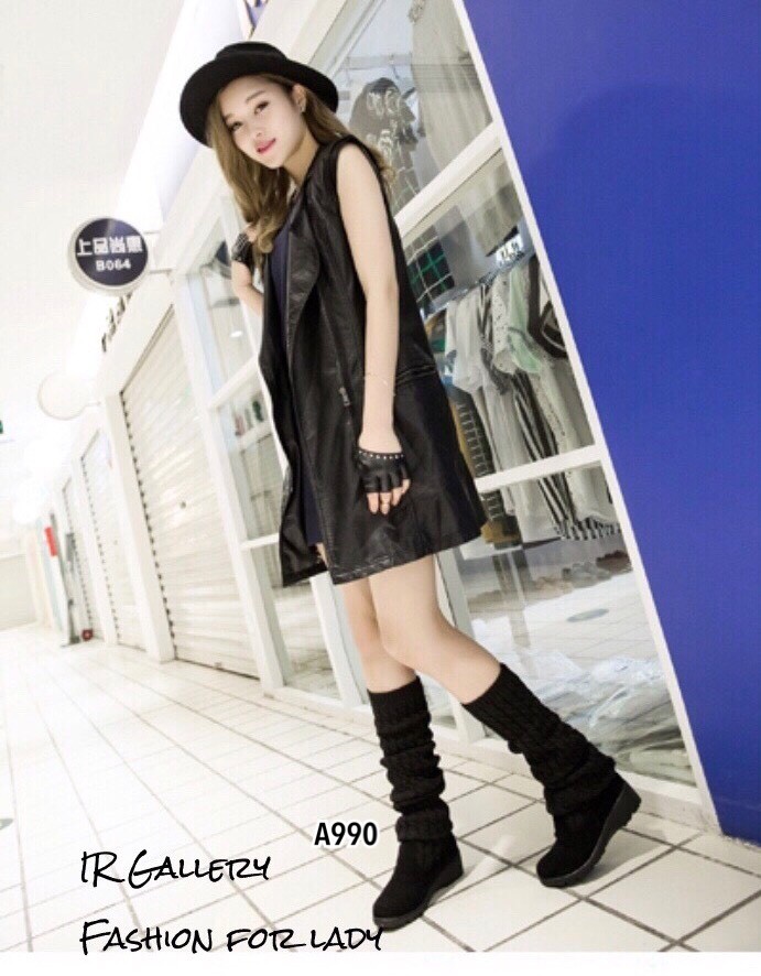 รองเท้าบูทยาวตัดต่อสไตล์ถุงเท้า (สีน้ำตาล)