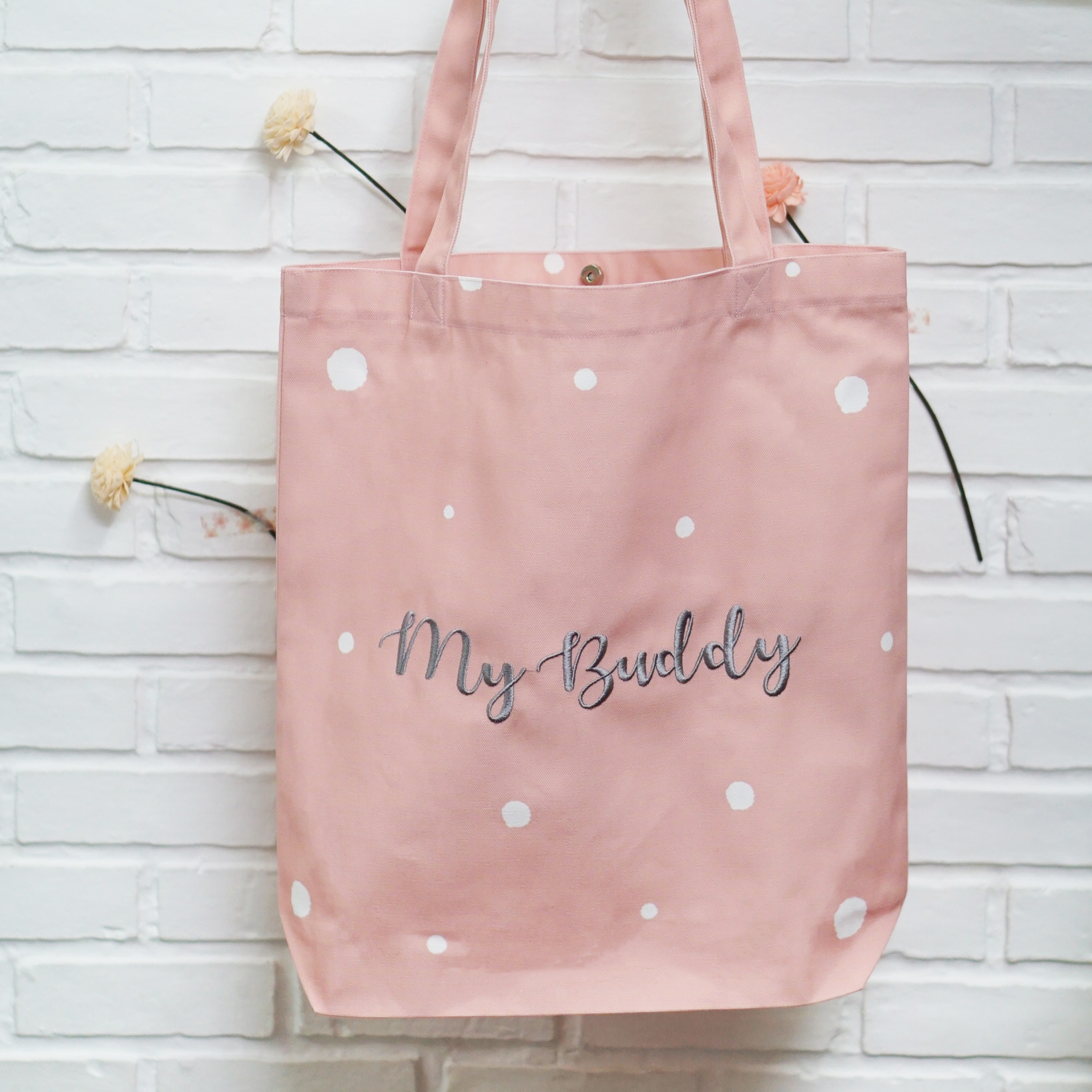 กระเป๋าผ้าแคนวาส ปักชื่อ ลาย Watercolour Dot - Pink
