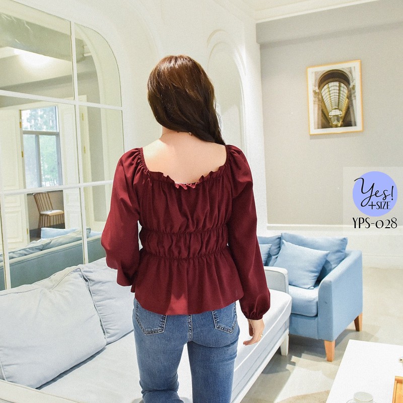 เสื้อแขนยาวสาวอวบ อก 40-52 นิ้ว ผ้าคอตต้อน คอจับจีบระบาย เอวย่นยืดได้เยอะ YPS-028