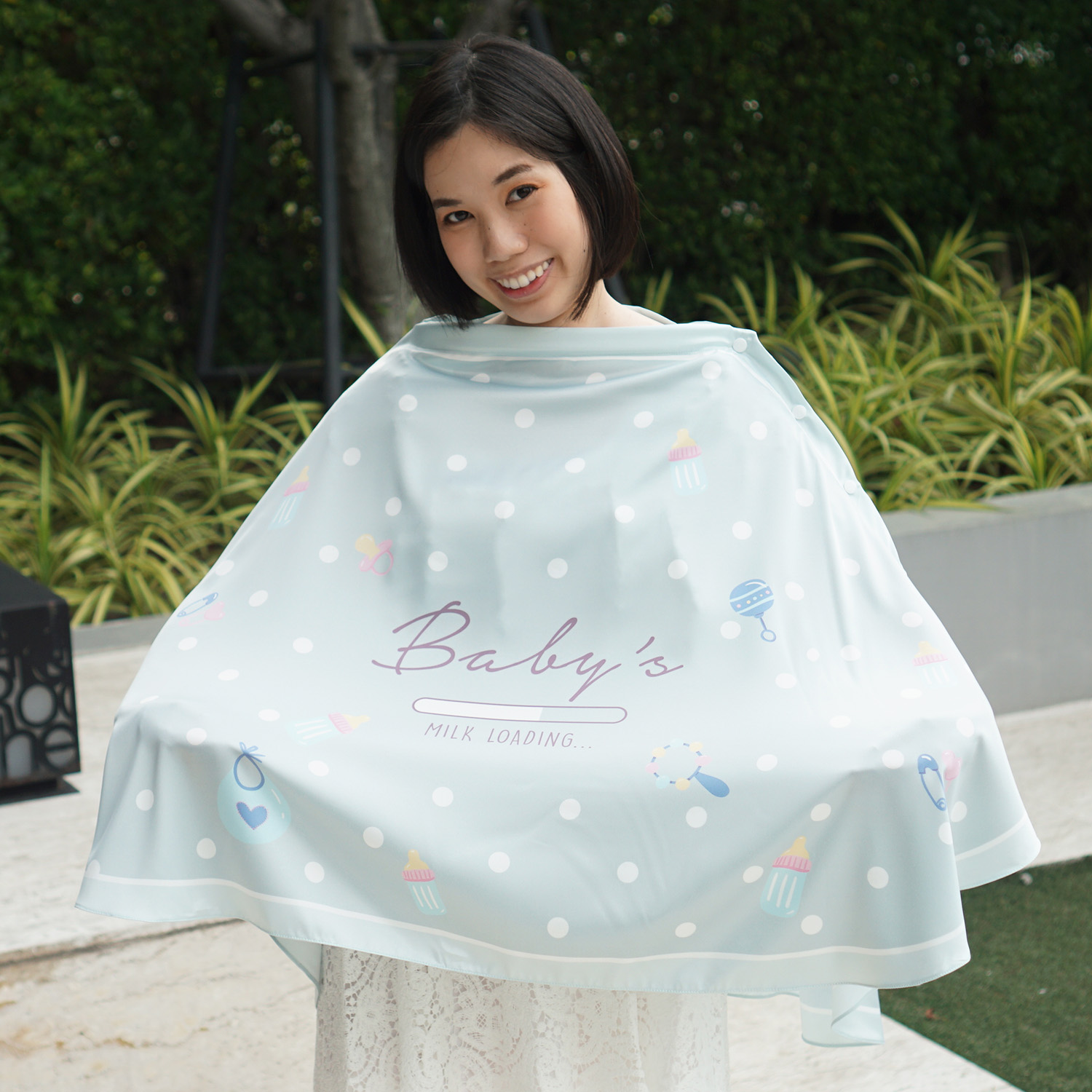 ผ้าคลุมให้นม 3in1 (รุ่นมีกระดุม ถอดโครงได้) แบบสั่งทำใส่ชื่อ ลาย Polka dot - Milk - Green