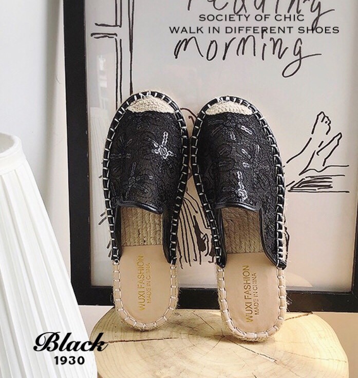 รองเท้าแตะผ้าลูกไม้แต่งเลื่อม (สีชมพู)