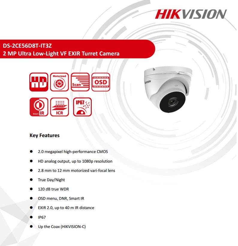 ขายถูก HIKVISION Turbo HD รุ่น DS-2CE56D8T-IT3Z ความละเอียด 2 ล้านพิกเซล