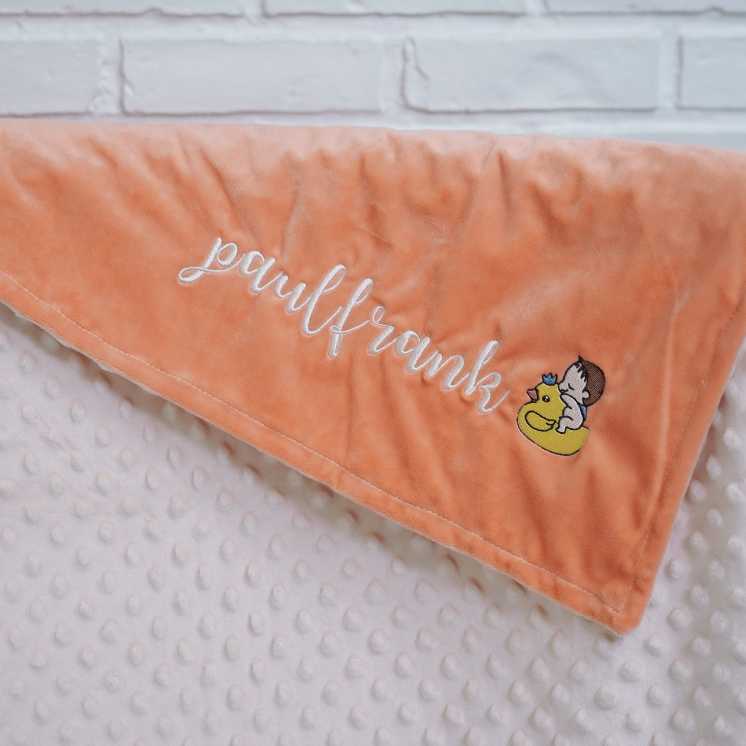 ผ้าห่ม Minky - สีพีช 75x100cm แบบปักชื่อ+การ์ตูน - Ducky and Baby Boy