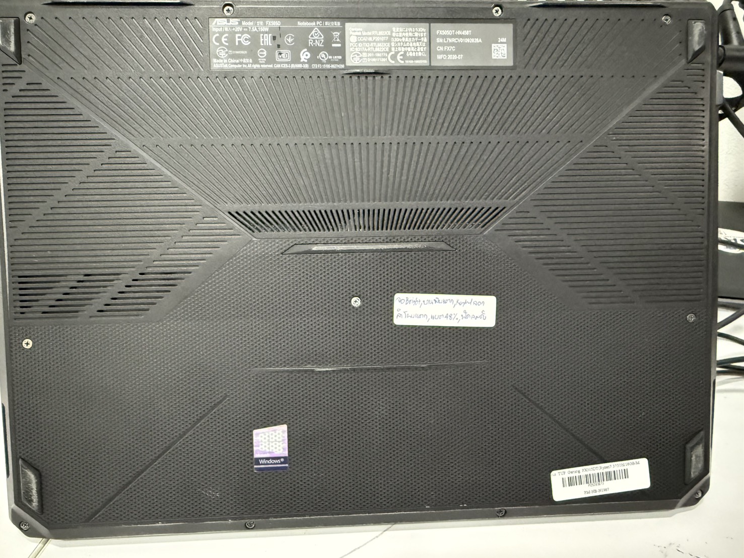 โน๊ตบุ๊ค Asus TUF Gaming FX505DT(Ryzen7 3750H/16GB/M.2 512GB/GTX1650 4GB)+Adapter จอ Bright บานพับแตก Keyborad ลอก ลำโพงแตก แบต 48% พัดลมดัง