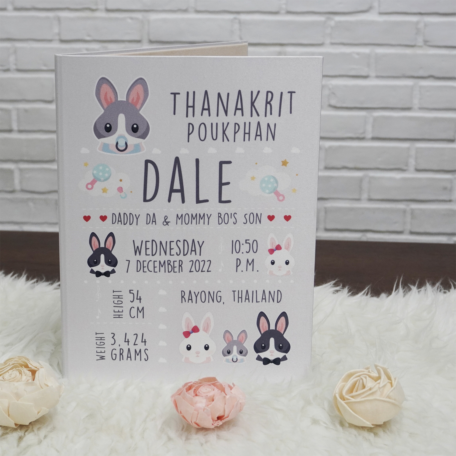 แฟ้มทะเบียนสมรส/สูติบัตร สั่งทำใส่ข้อความ ลาย Rabbit - Grey