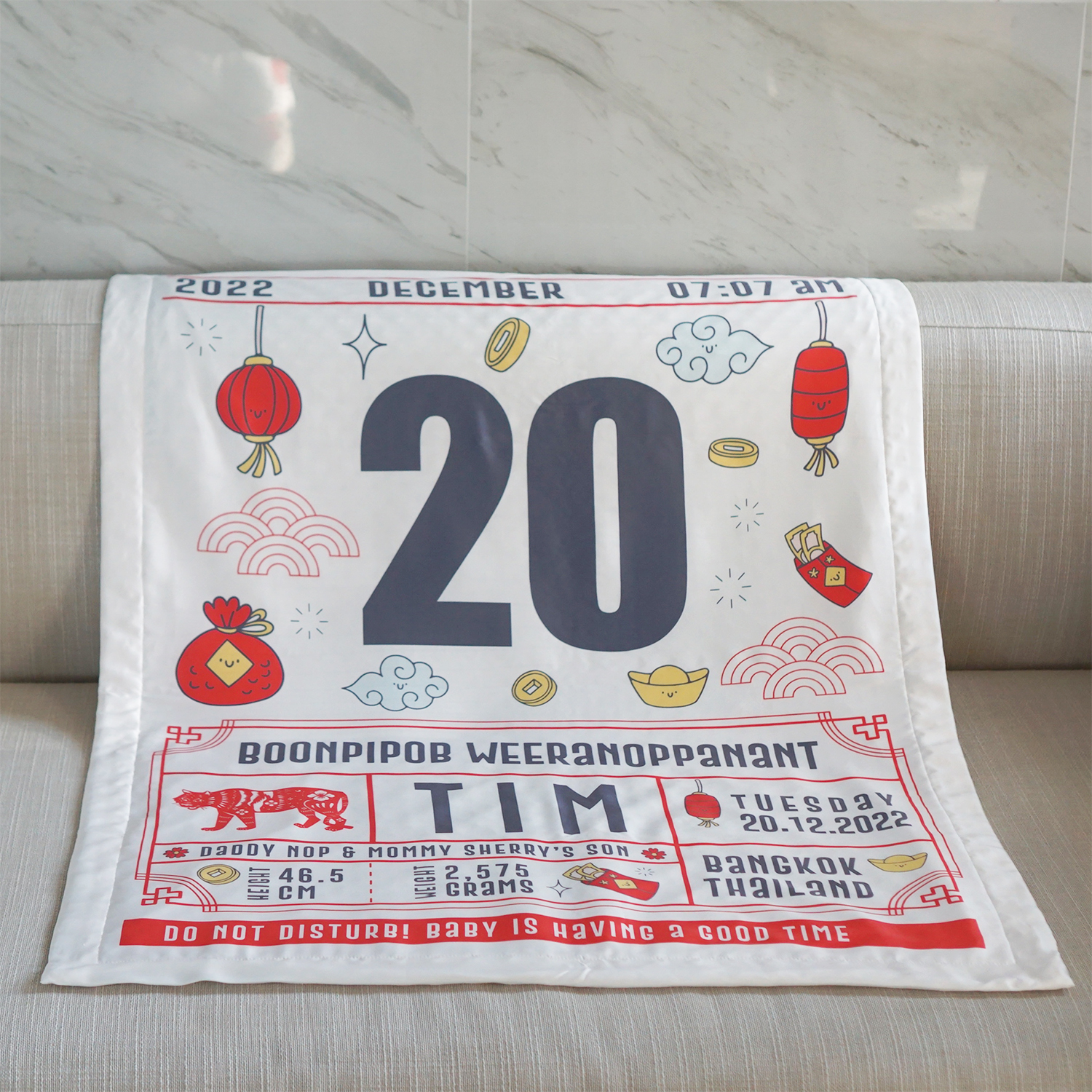 ผ้าห่มเด็ก ใส่ประวัติแรกเกิด ลาย Chinese Calendar - White/Grey