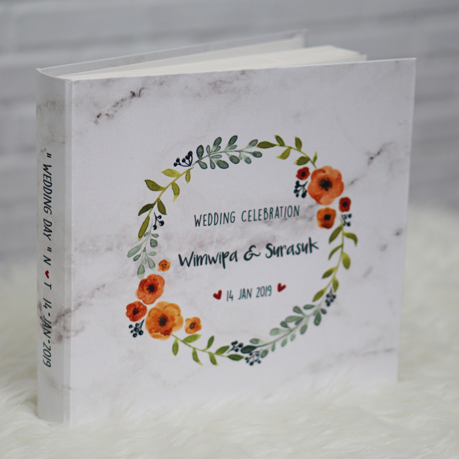สมุดเซ็น สมุดอวยพร ขนาด 60 หน้า แบบสั่งทำใส่ชื่อ ลายหินอ่อน Water colour Floral Frame