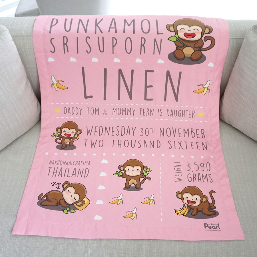 ผ้าห่มเด็ก ใส่ประวัติแรกเกิด ลายลิง สีชมพู / Monkey - Blush Pink