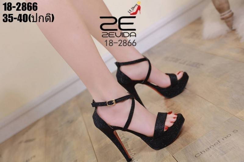 รองเท้าส้นสูงกลิตเตอร์สายไขว้ (สีดำ)