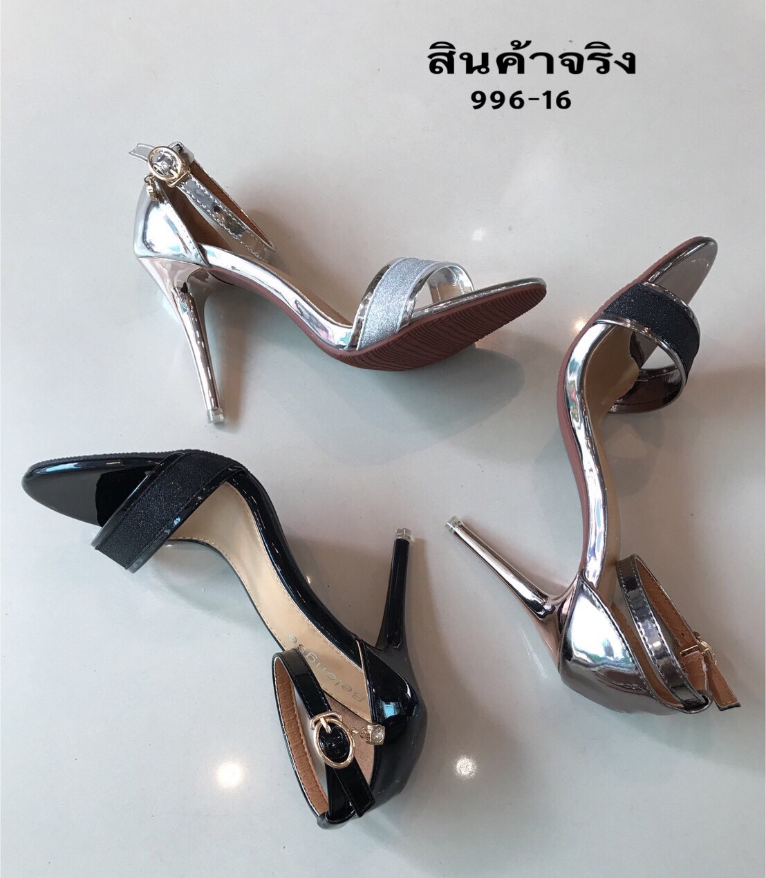รองเท้าส้นสูงหนังเงารัดข้อ (สีดำ)