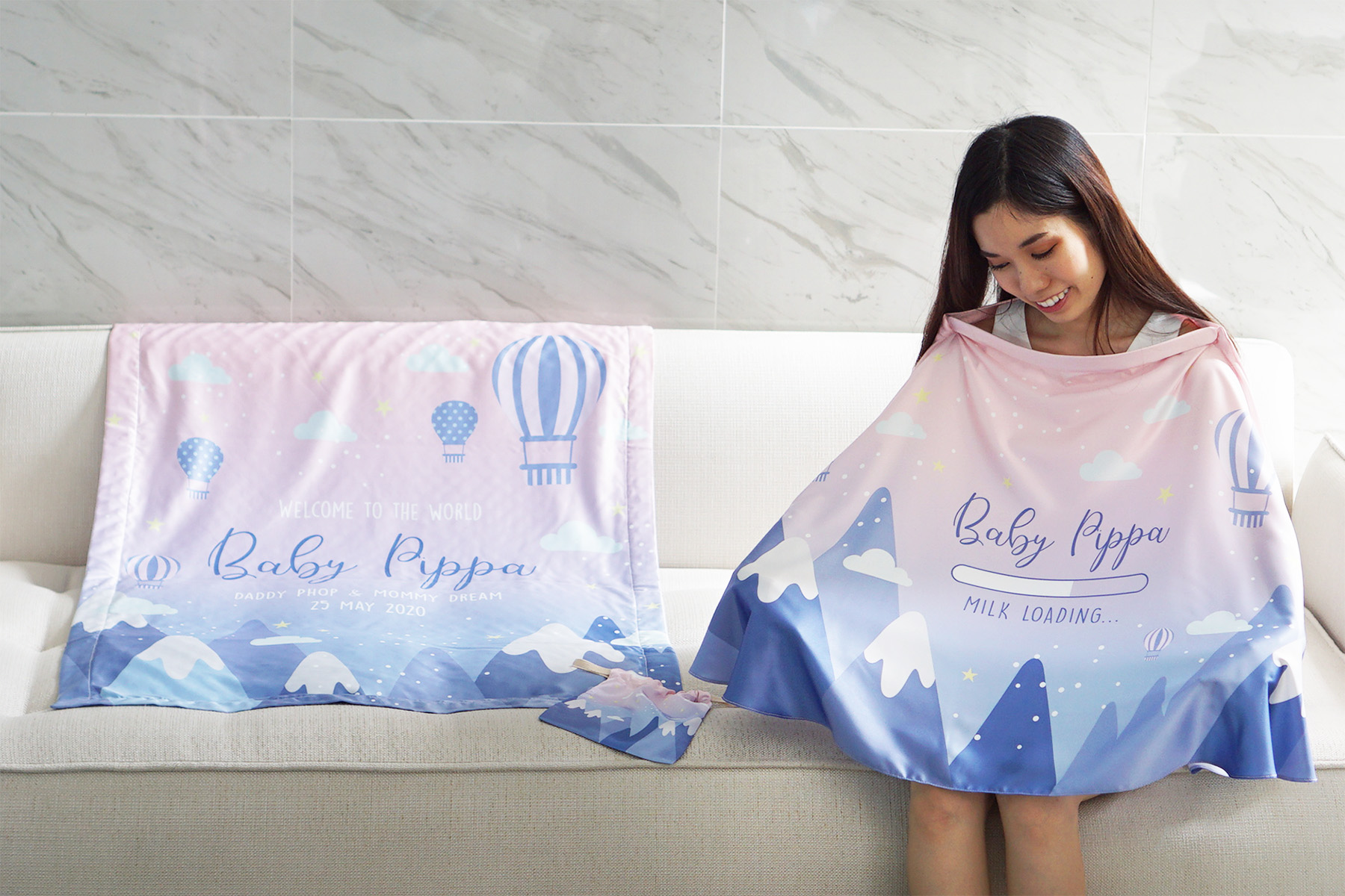 ชุดของขวัญเด็กแรกเกิด ผ้าคลุมให้นม + ผ้าห่มขนาด 75x100cm ลาย Mountain - Pink Blue
