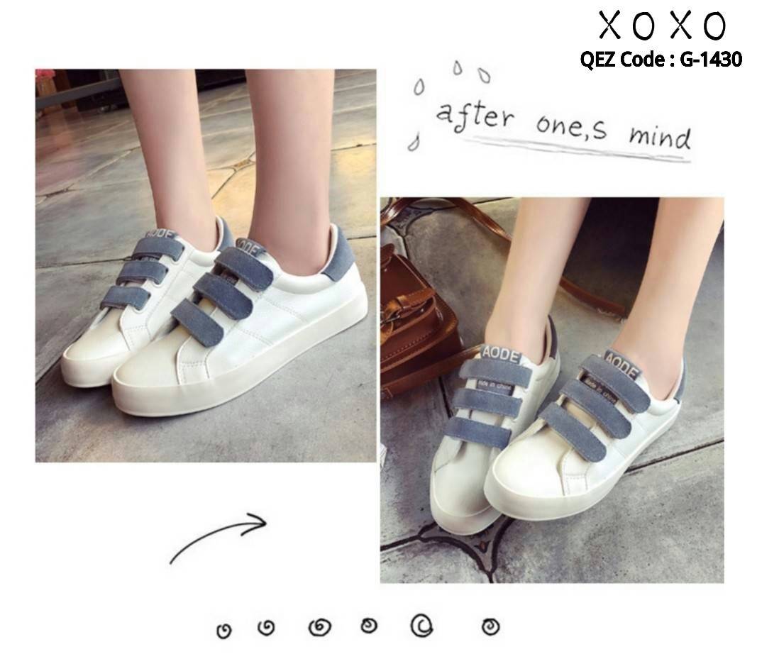 รองเท้าผ้าใบหนังแกะแต่งเมจิกเทป (สีฟ้า)