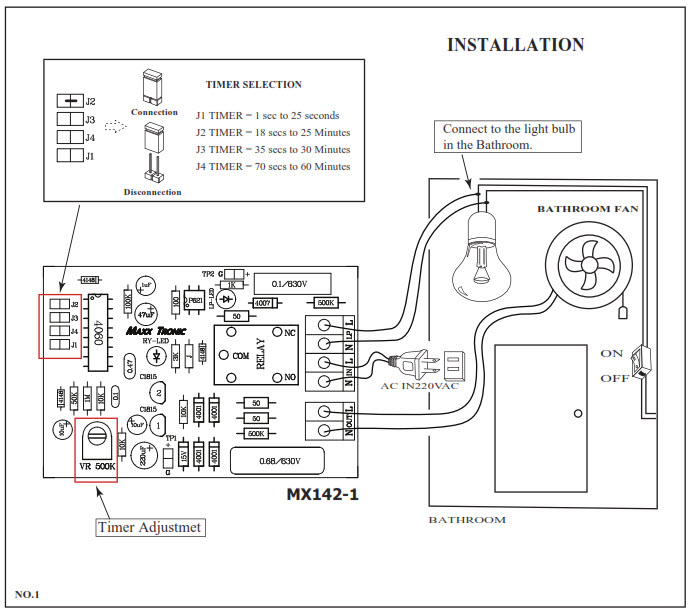 MaxxTronic MXA142 วงจรสวิตซ์ไฟหน่วงเวลาพัดลมในห้องน้ำ 1- 60 นาที