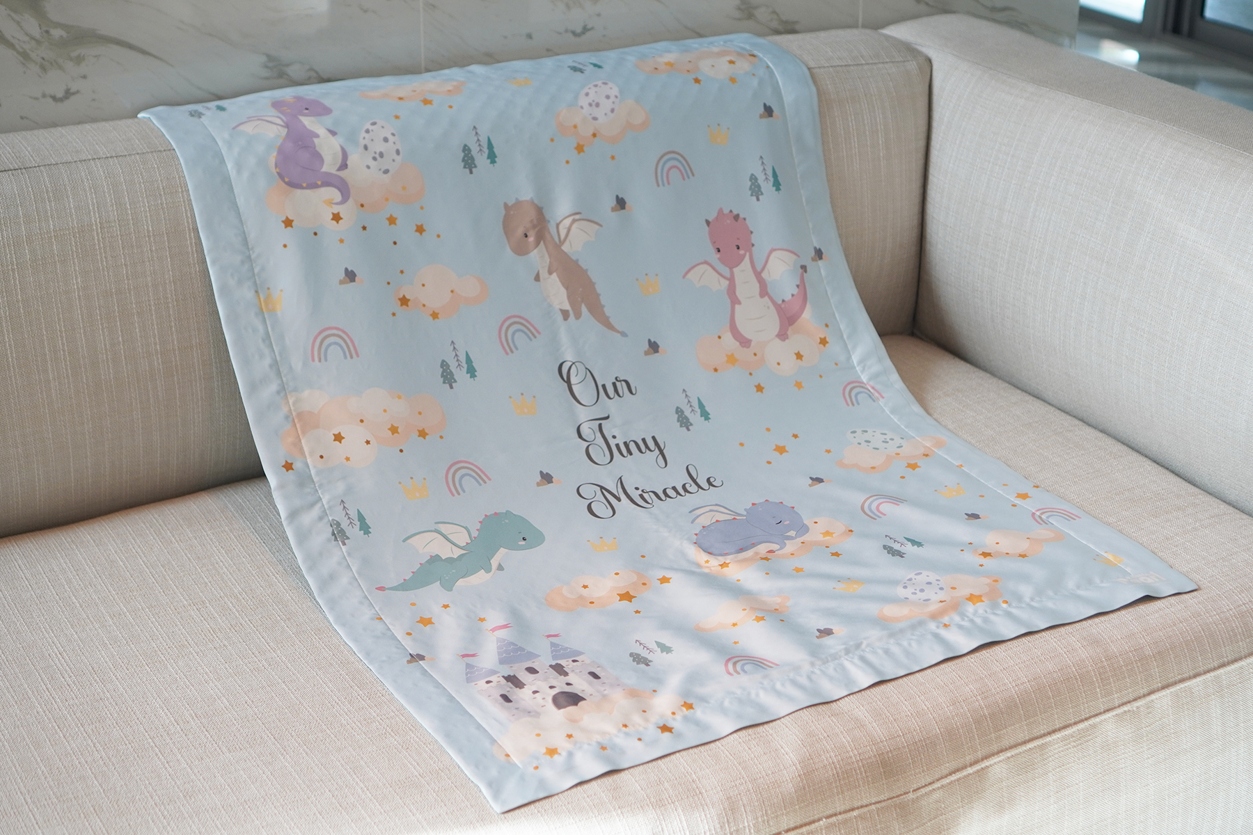 ผ้าห่ม ผ้าไหมเสปน ด้านหลังผ้า minky ขนาด 75x100cm - ลายมังกร สีฟ้า