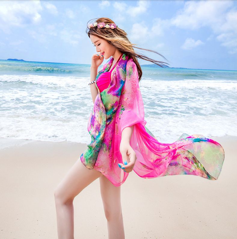ผ้าชายหาดชีฟอง ชมพูปะการัง