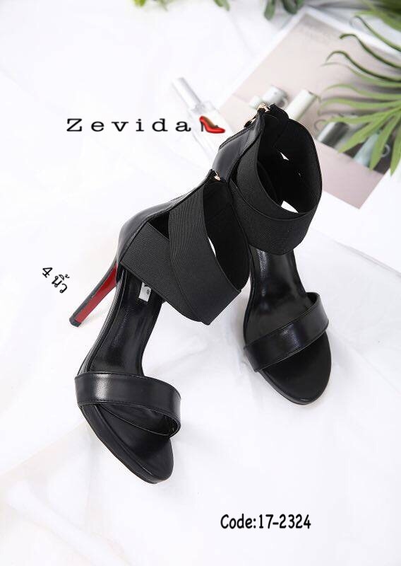 รองเท้าส้นสูงสายคาดแต่งซิป (สีเทา)