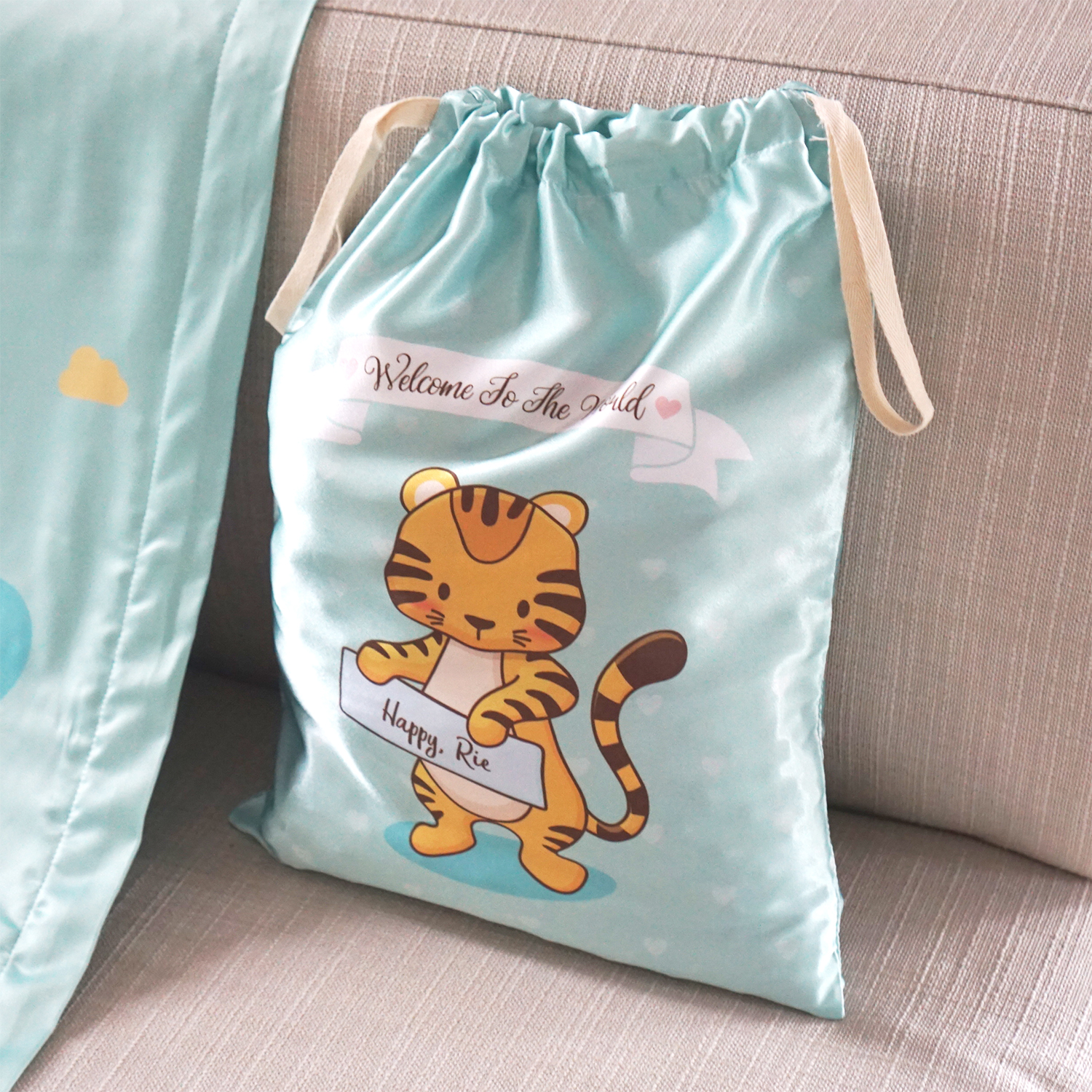 ถุงผ้าซาติน ไซส์ L สั่งทำใส่ชื่อ - Tiger - Mint