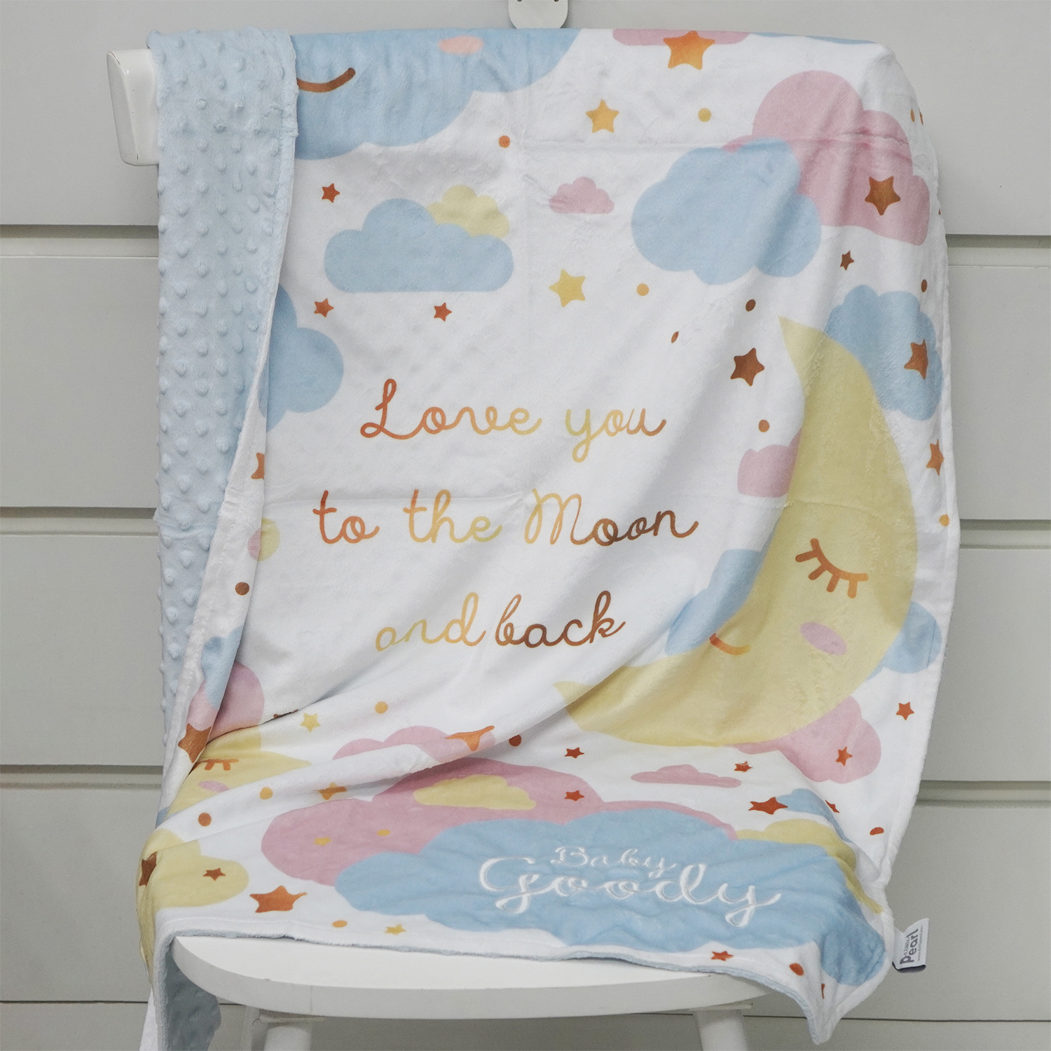 ผ้าห่ม Minky ลาย Moon 75x100cm แบบปักชื่อ ด้านหลังสีฟ้า