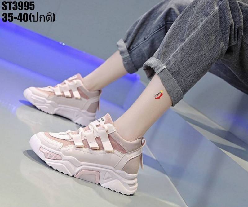 รองเท้าผ้าใบแต่งสายรัดเมจิกเทปพาสเทล (สีชมพู)
