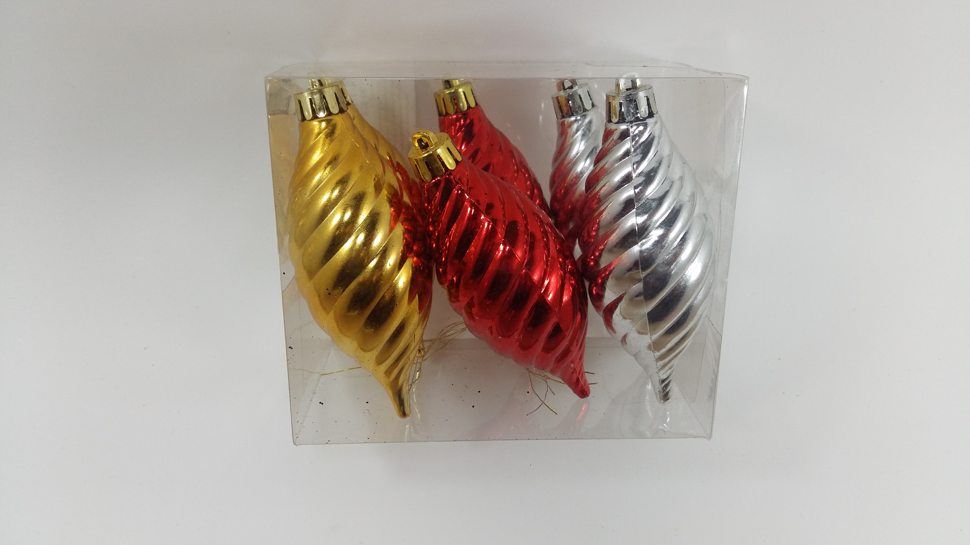 Ornament บอลดร็อปเกลียว แดง เงิน ทอง 6 ชิ้น ขนาดยาว 10 ซม.