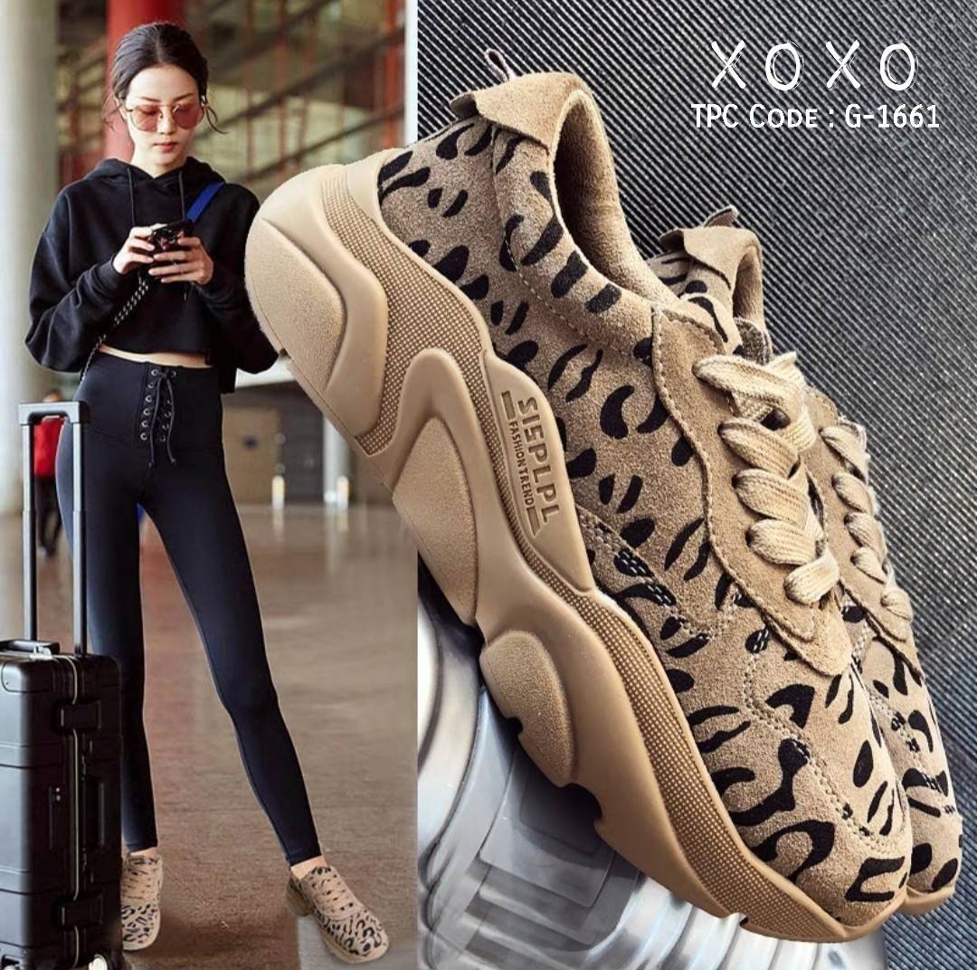 รองเท้าผ้าใบทรงSportแต่งลายเสือ (สีน้ำตาลอ่อน)