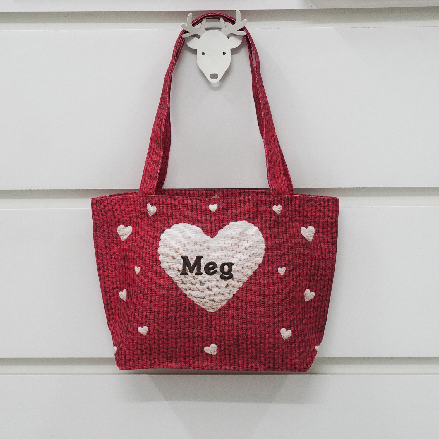 กระเป๋าผ้าแคนวาส ปักชื่อ (ไซส์ S) ลาย Knitted Heart - Red
