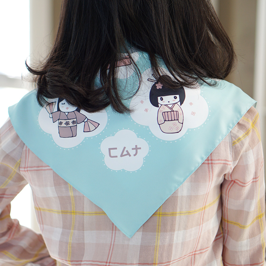 ผ้าพันคอสั่งทำใส่ชื่อ ลาย Japanese Dolls - Mint