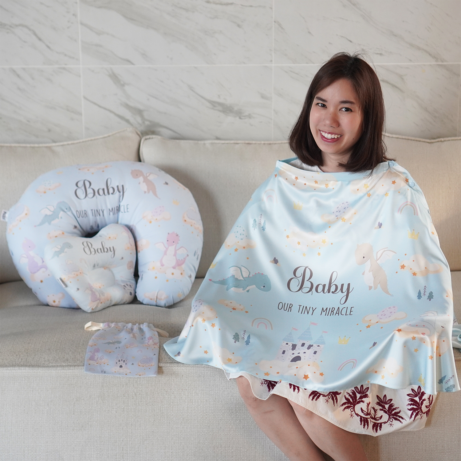 ผ้าคลุมให้นม 3in1 (รุ่นมีกระดุม ถอดโครงได้) แบบสั่งทำใส่ชื่อ ลาย Dragon - Blue
