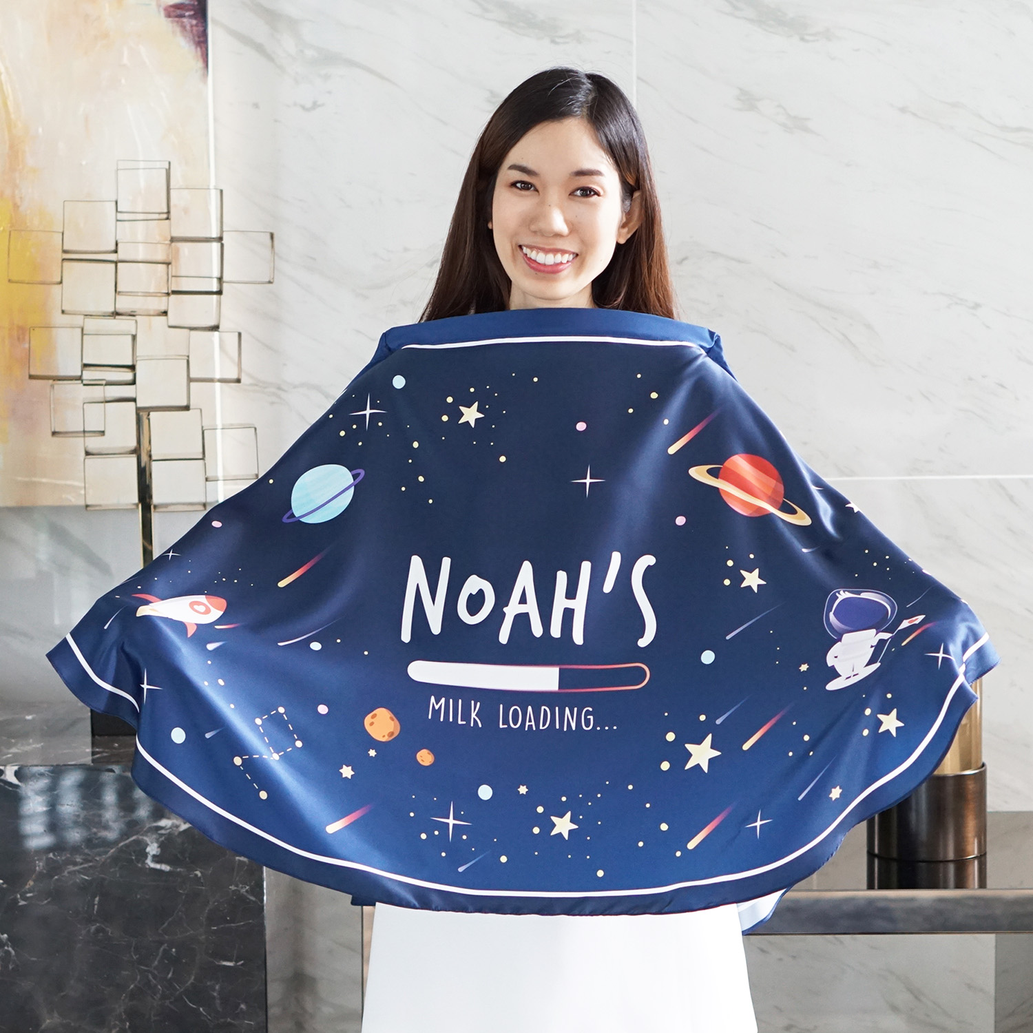 ผ้าคลุมให้นม สั่งทำใส่ชือ ลาย Space - Navy
