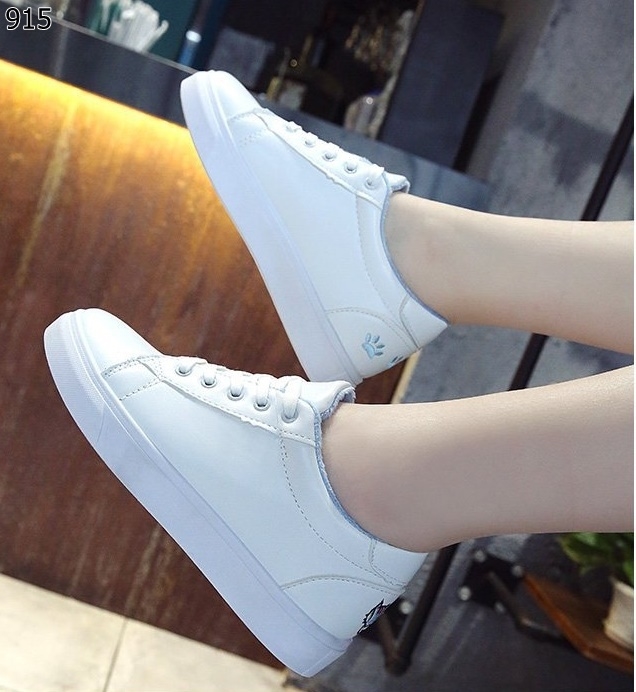 รองเท้าผ้าใบPUลายแมว (สีฟ้า)