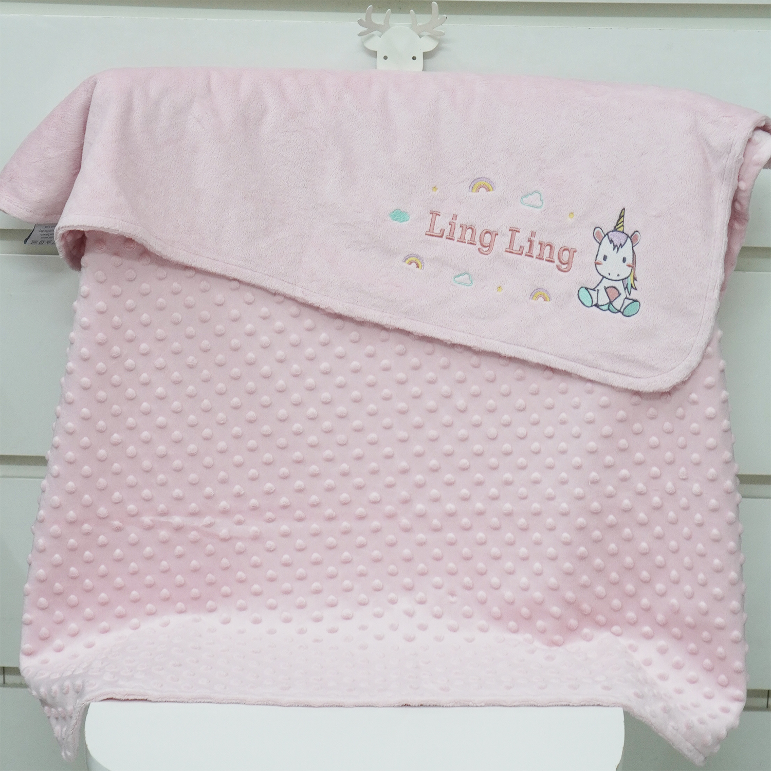 ผ้าห่ม Minky - สีชมพู 75x100cm แบบปักชื่อ+การ์ตูน - Unicorn