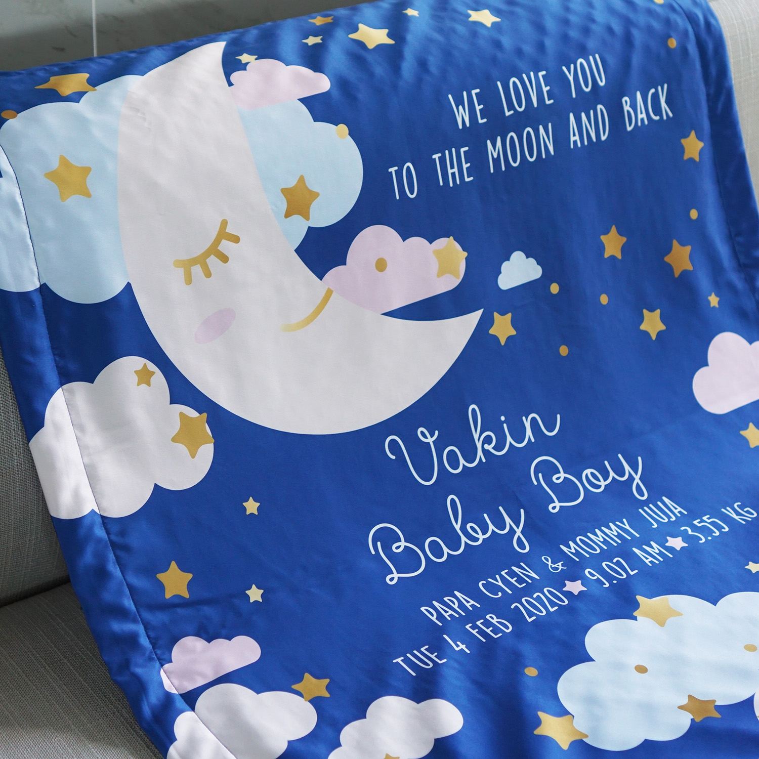 ผ้าห่ม สั่งทำใส่ชื่อ ลาย Moon - Dark Blue