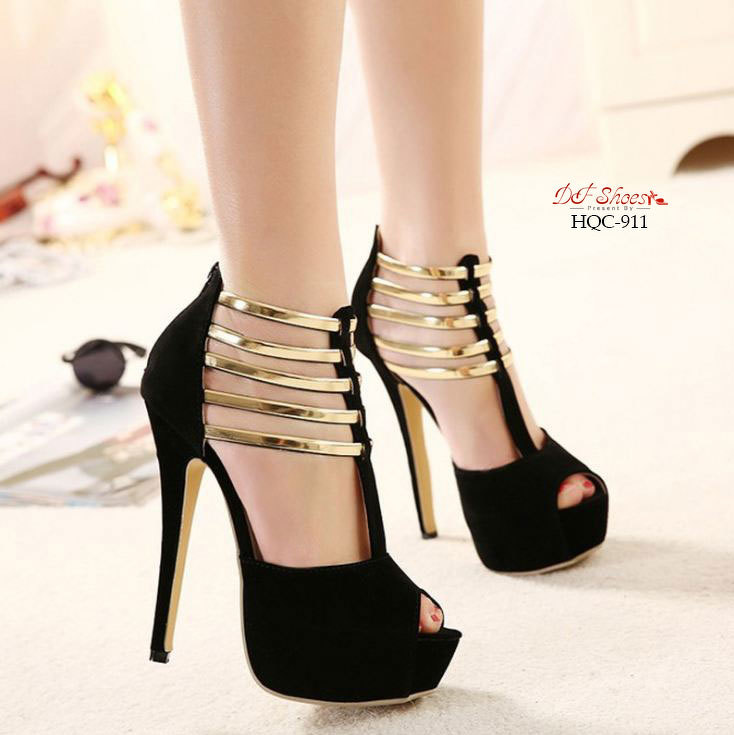 รองเท้าส้นสูงT-Strapแต่งสายคาดทอง