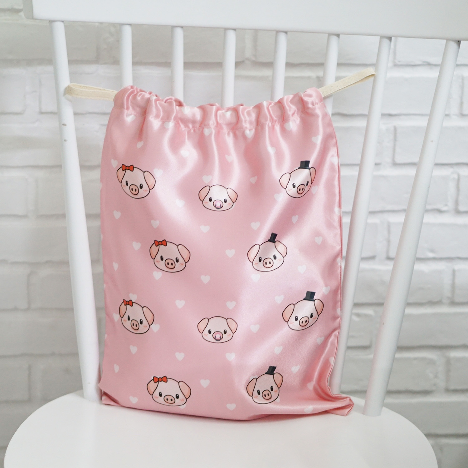 ถุงผ้าซาติน ไซส์ L สั่งทำใส่ชื่อ - Pig - Pink