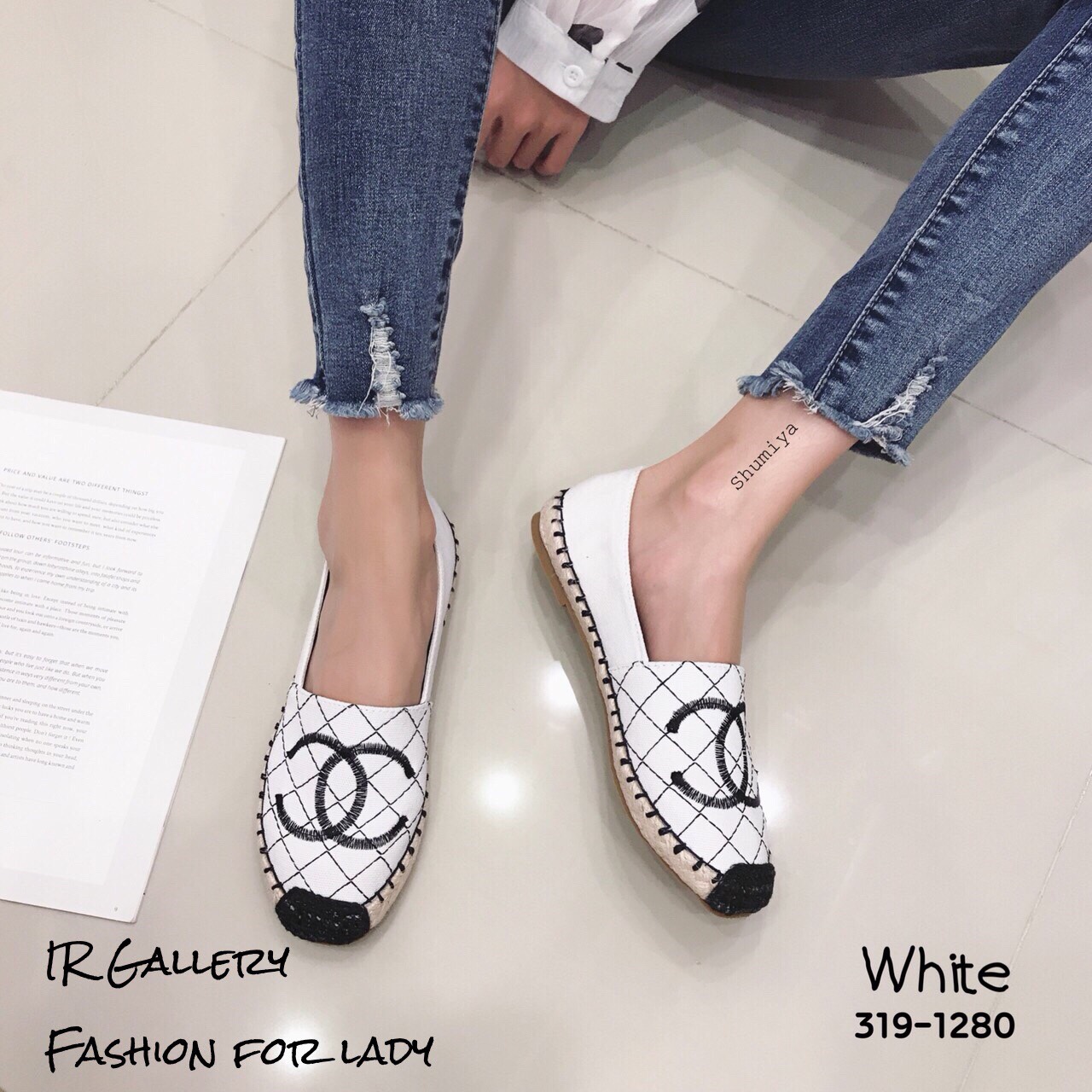 รองเท้า Style Espadrilles ปักลาย (สีขาว)