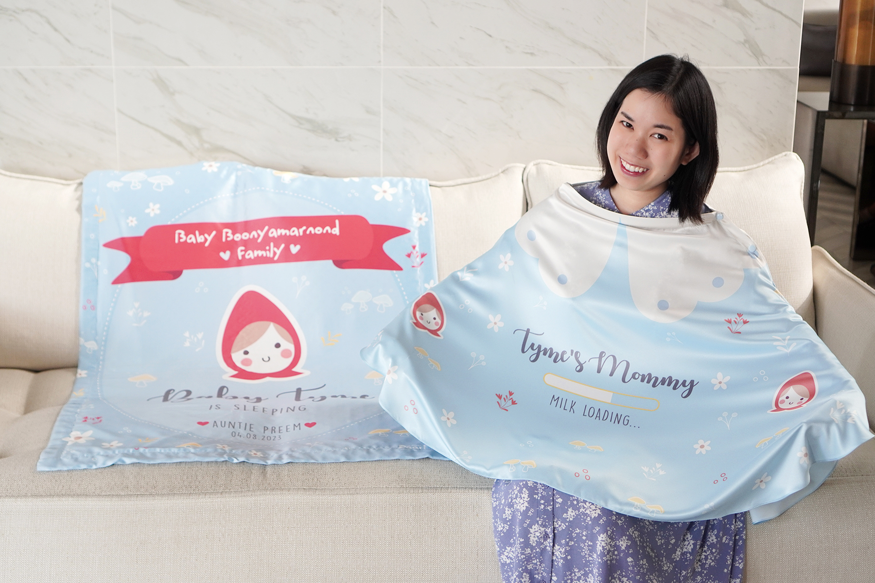 ชุดของขวัญเด็กแรกเกิด ผ้าคลุมให้นม + ผ้าห่มขนาด 75x100cm ลาย Little Red Riding Hood - Blue