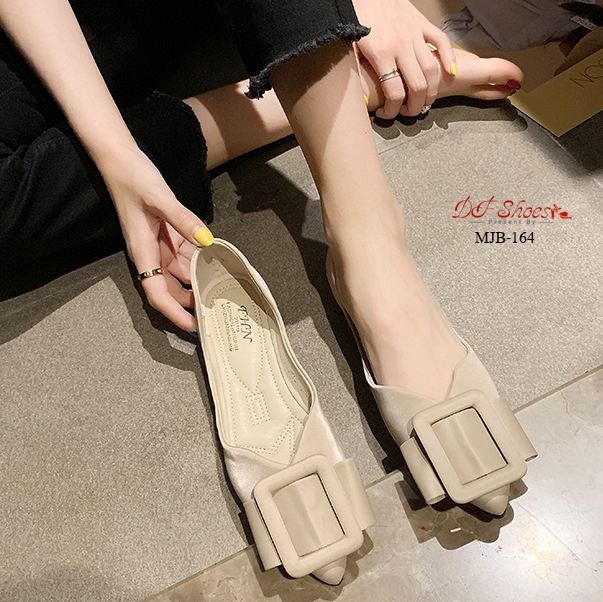 รองเท้าคัทชูส้นแบนแต่งโบว์เข็มขัด (สีเขียว)