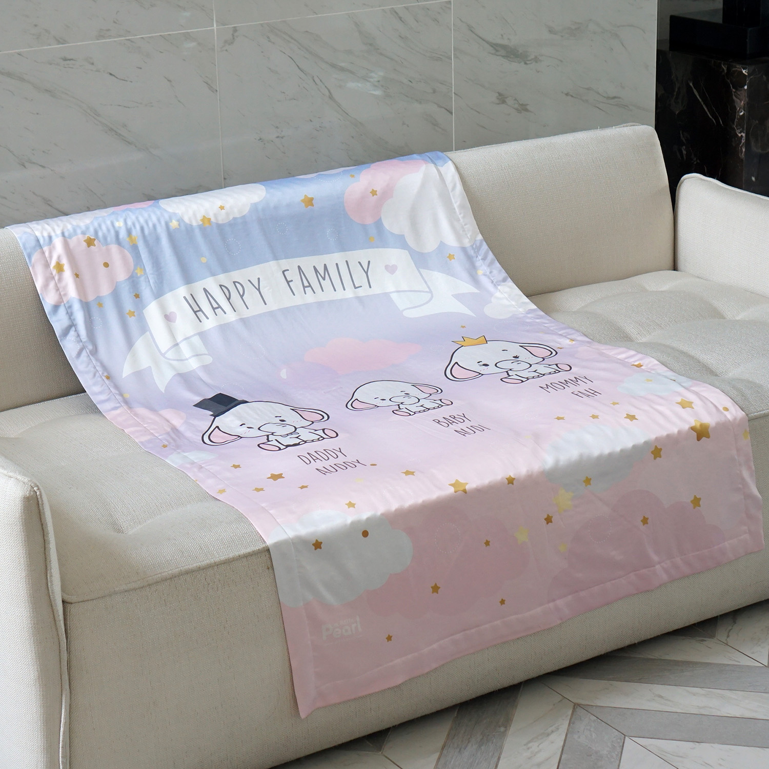 ชุดของขวัญเด็กแรกเกิด ผ้าคลุมให้นม + ผ้าห่มขนาด 100x150cm + หมอนอิง 1 ใบ ลาย Elephant - Blue Pink