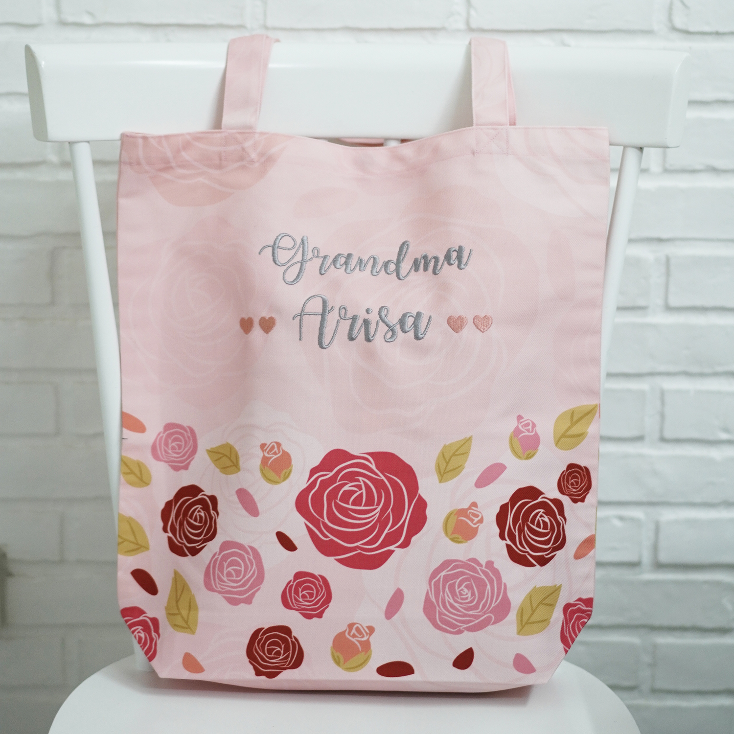 กระเป๋าผ้าแคนวาส ปักชื่อ ลาย Rose - Pink