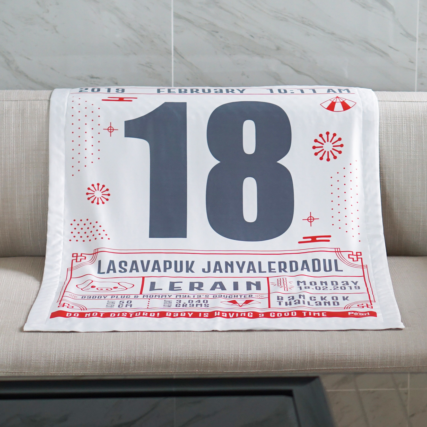 ผ้าห่มเด็ก ใส่ประวัติแรกเกิด ลาย Chinese Calendar - White/Grey