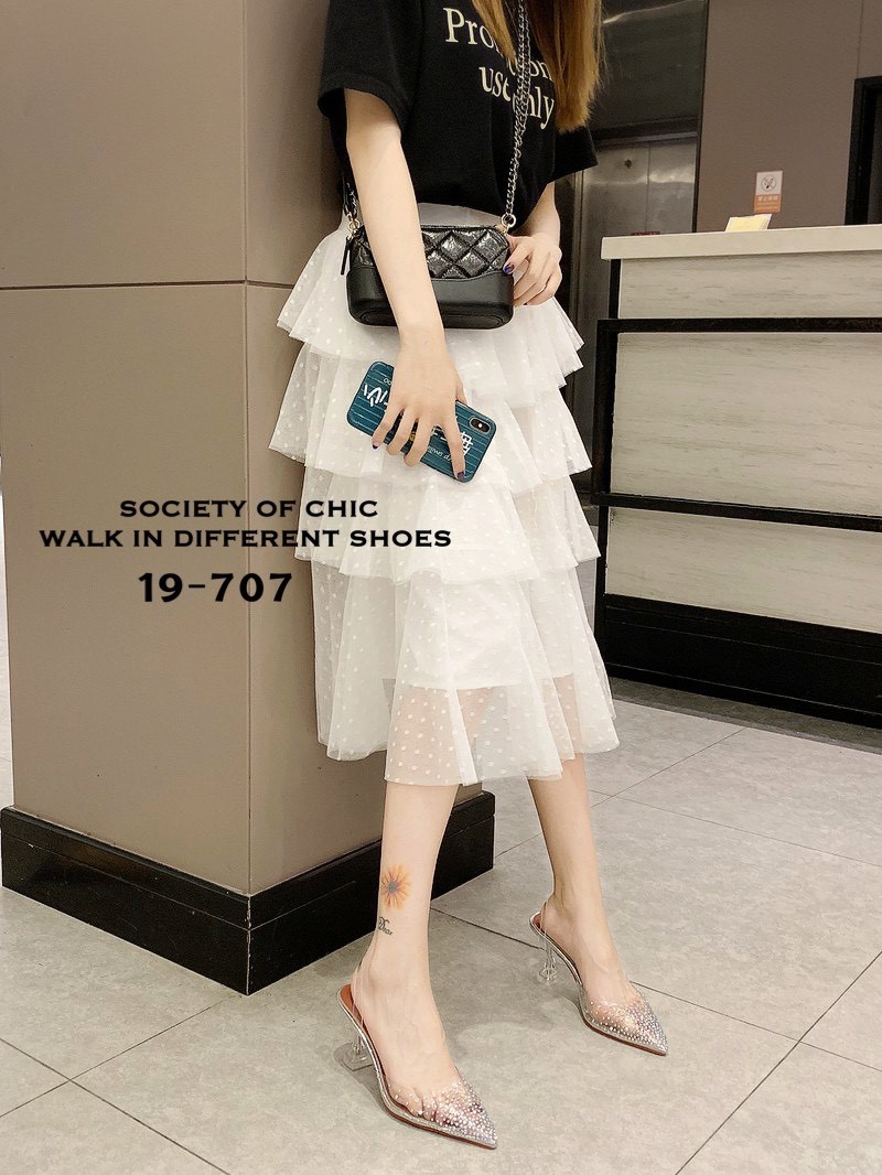 รองเท้าเปิดส้นแต่งสายคาดคริสตัล (สีเงิน)