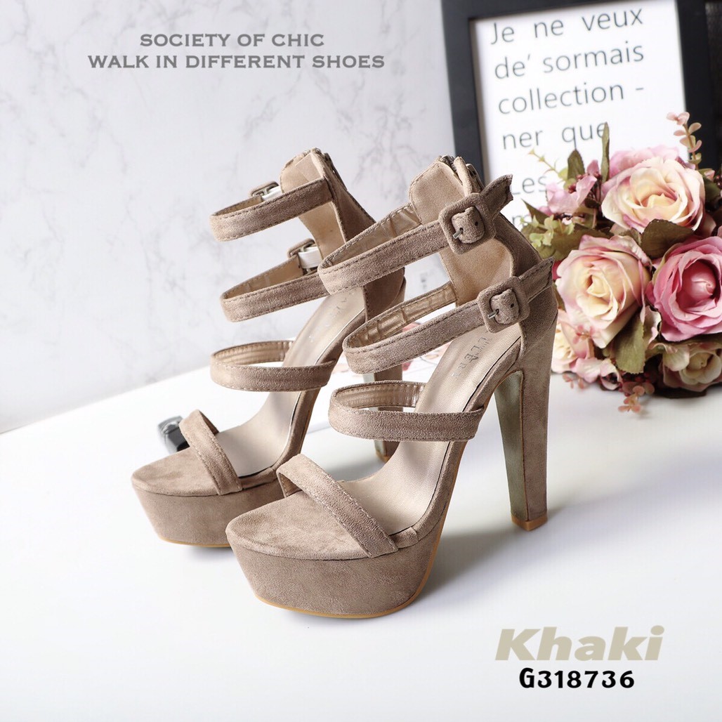 รองเท้าส้นสูงแพลตฟอร์มแต่งเข็มขัด (สีกากี)