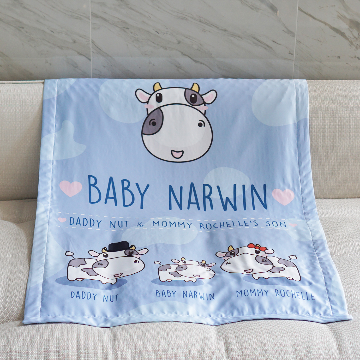 ผ้าห่ม สั่งทำใส่ชื่อ ลาย Cow1 - Indigo