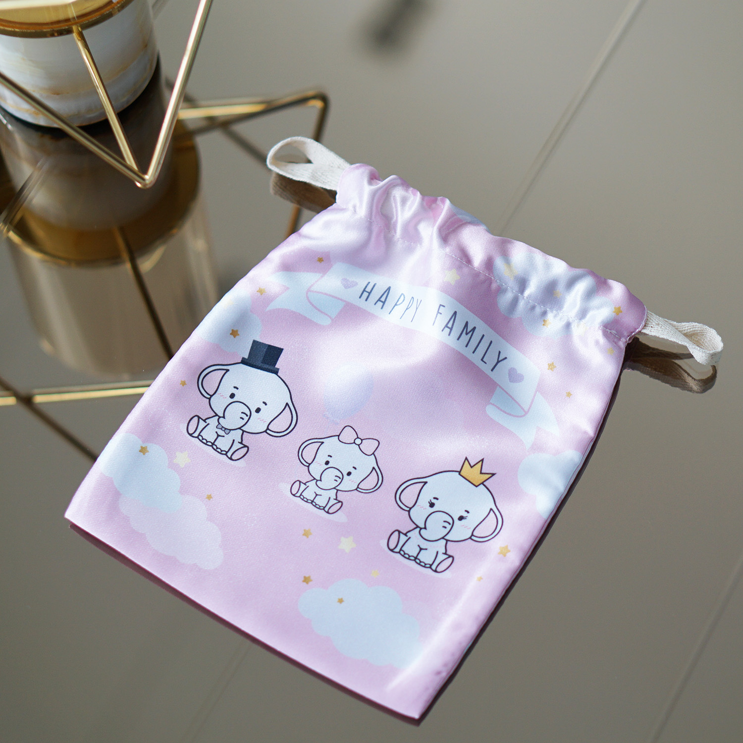 ถุงผ้าซาติน ลาย Elephant - Pink