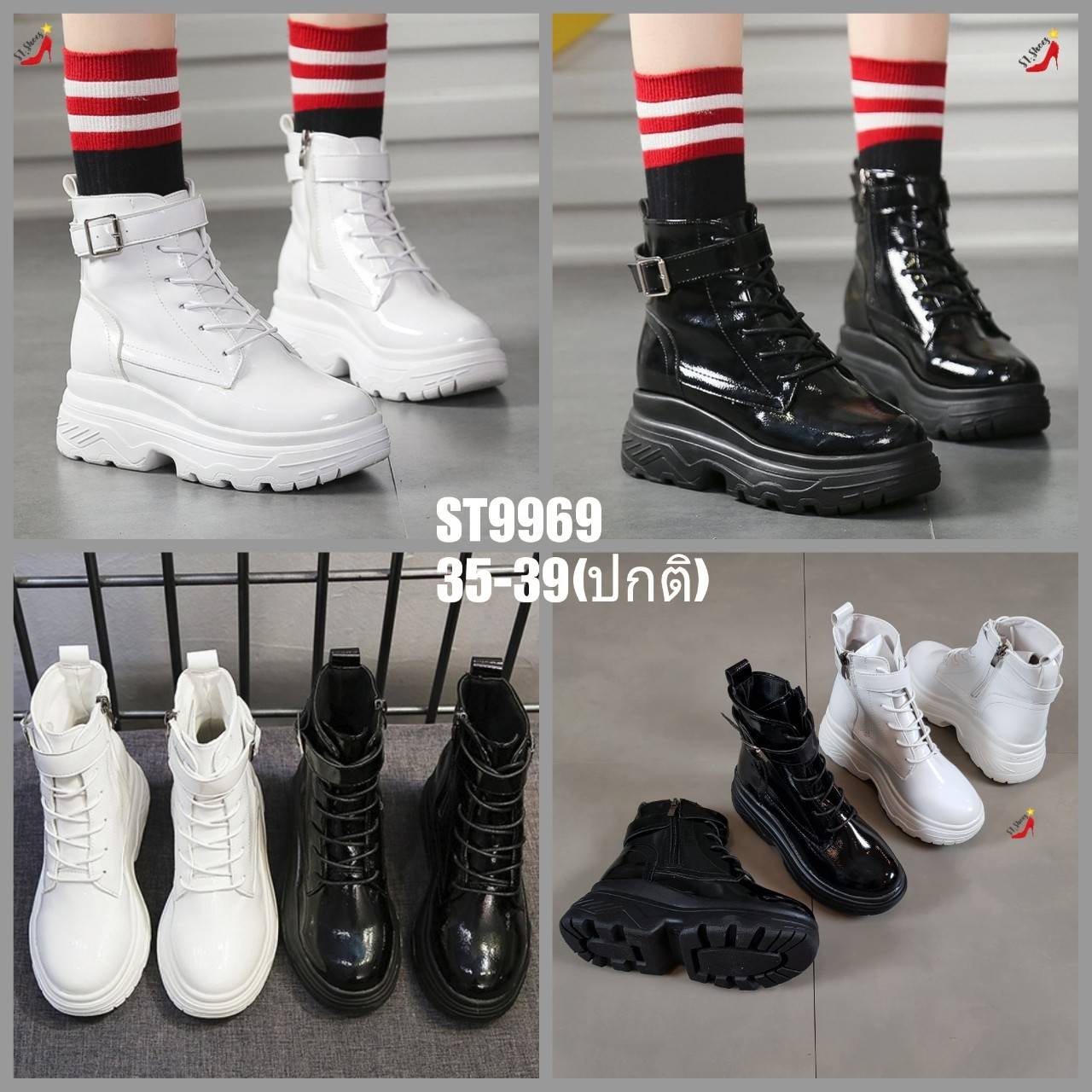 รองเท้าผ้าใบแฟชั่นหุ้มข้อแต่งเข็มขัด (สีดำ)