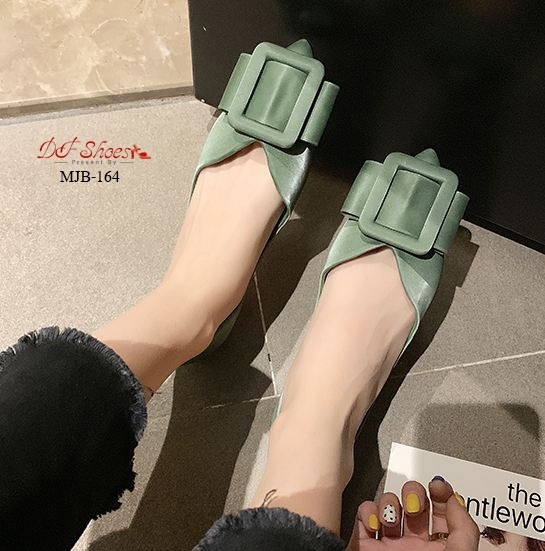 รองเท้าคัทชูส้นแบนแต่งโบว์เข็มขัด (สีเขียว)